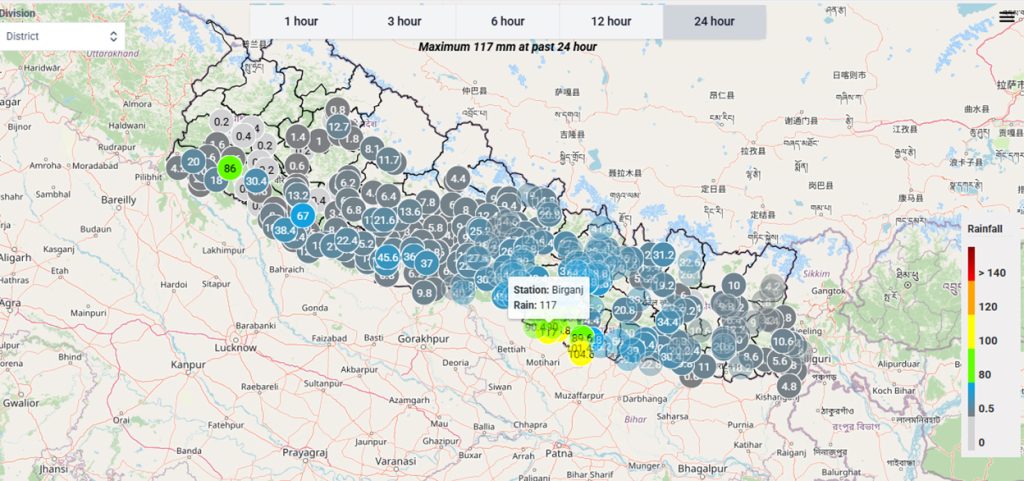 पछिल्लो २४ घण्टामा सबैभन्दा धेरै वर्षा वीरगञ्जमा