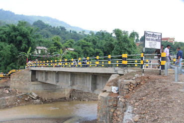 ठेकेदारको बदमासीका कारण तिनाउ खोलामा निर्मित पक्की पुल उच्च जोखिममा