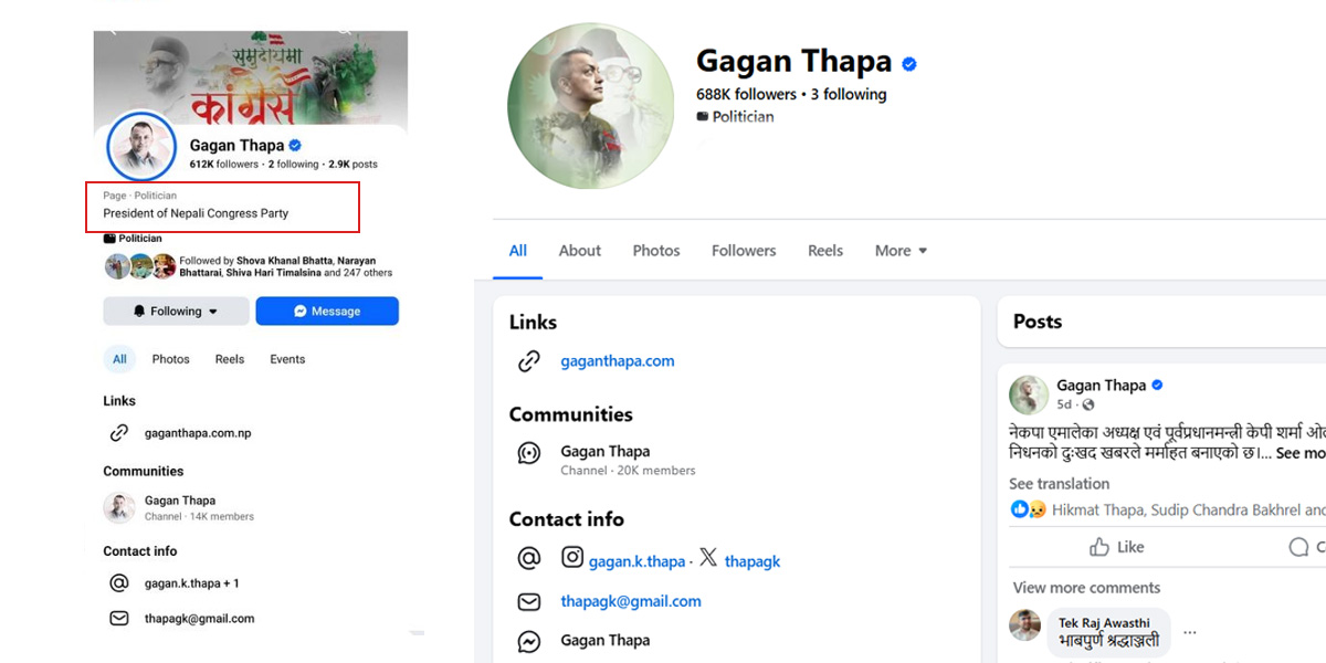 गगनले फेसबुकको बायोबाट हटाए काँग्रेसको सभापति