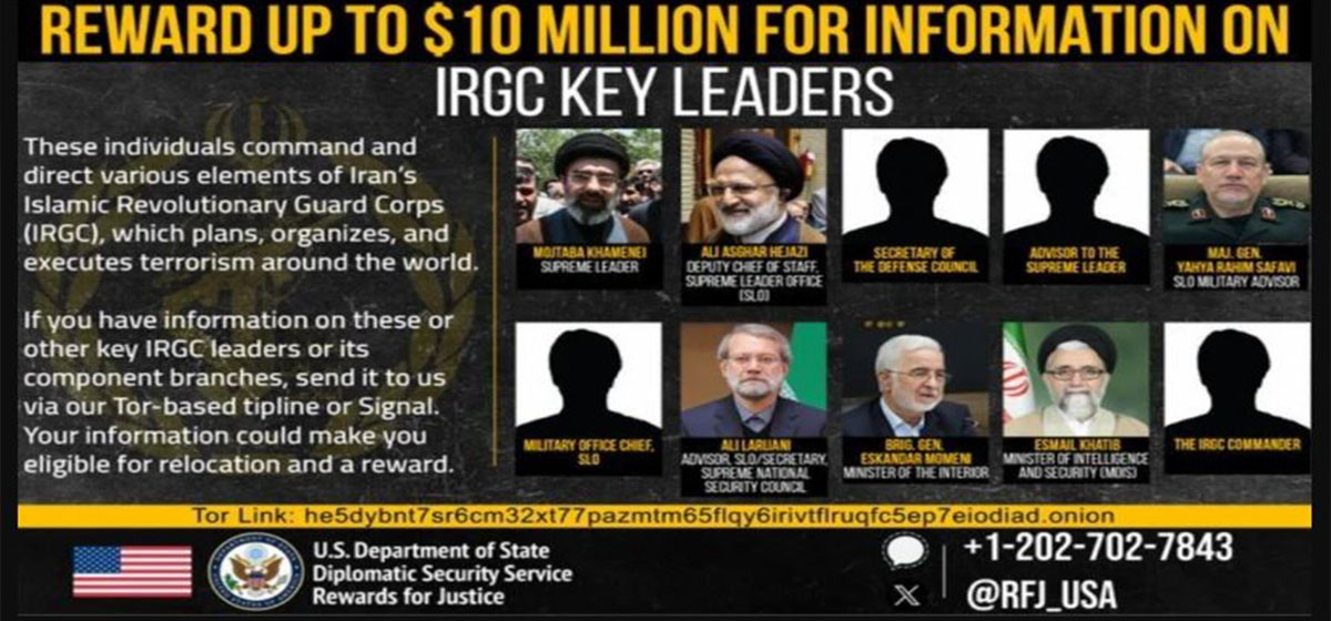 इरानी नेताहरूको बारेमा जानकारी दिनेलाई १ करोड डलर पुरस्कार दिने अमेरिकाको घोषणा